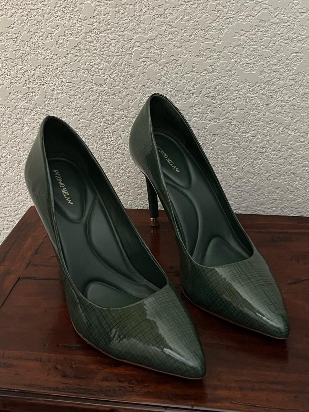 Antonio Melani Dark Olive Green Patent Leather Pointed Toe Heels